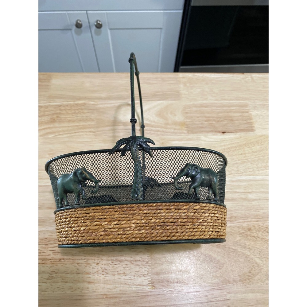 Vintage Elephant Palm Tree Metal Mesh Woven Basket Safari Tropical Decor Green